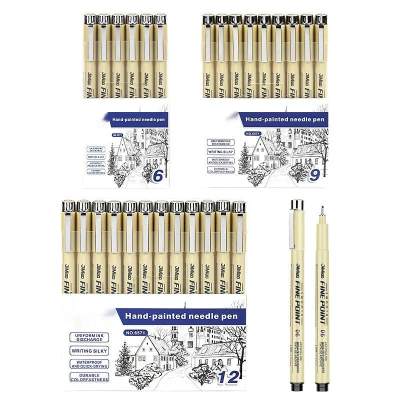 Waterproof needle pen drawing set with syringe-style design and black ink cartridge