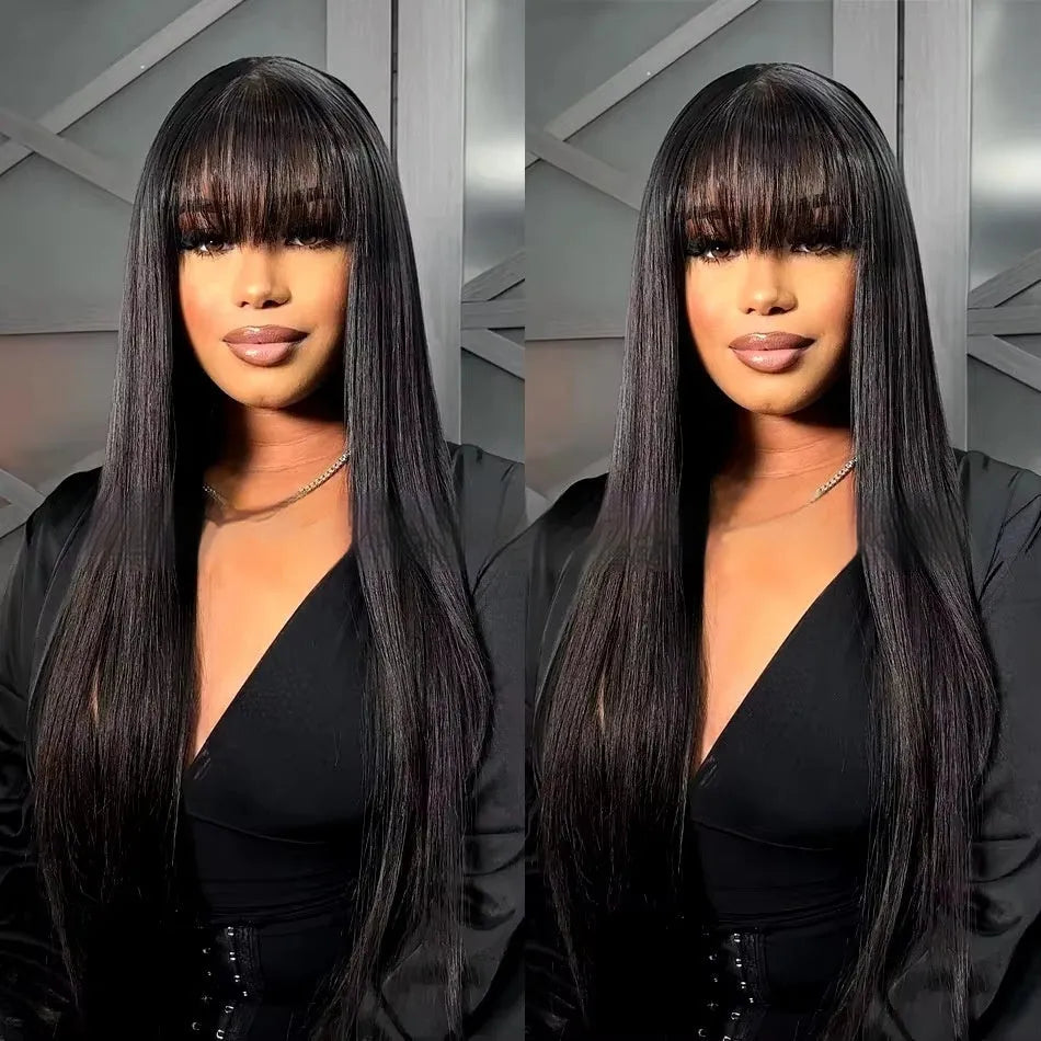 Women's natural colour human hair wig on a stand, showing adjustable full-mechanism headgear and long hair length.