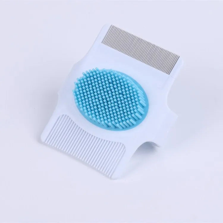 Blue multifunctional pet grooming comb with floating hair removal and massage bristles measuring 8.5cm
