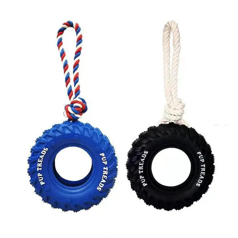Natural rubber tyre dog chew toy with rope, 35cm, for aggressive chewers, in Black or Blue