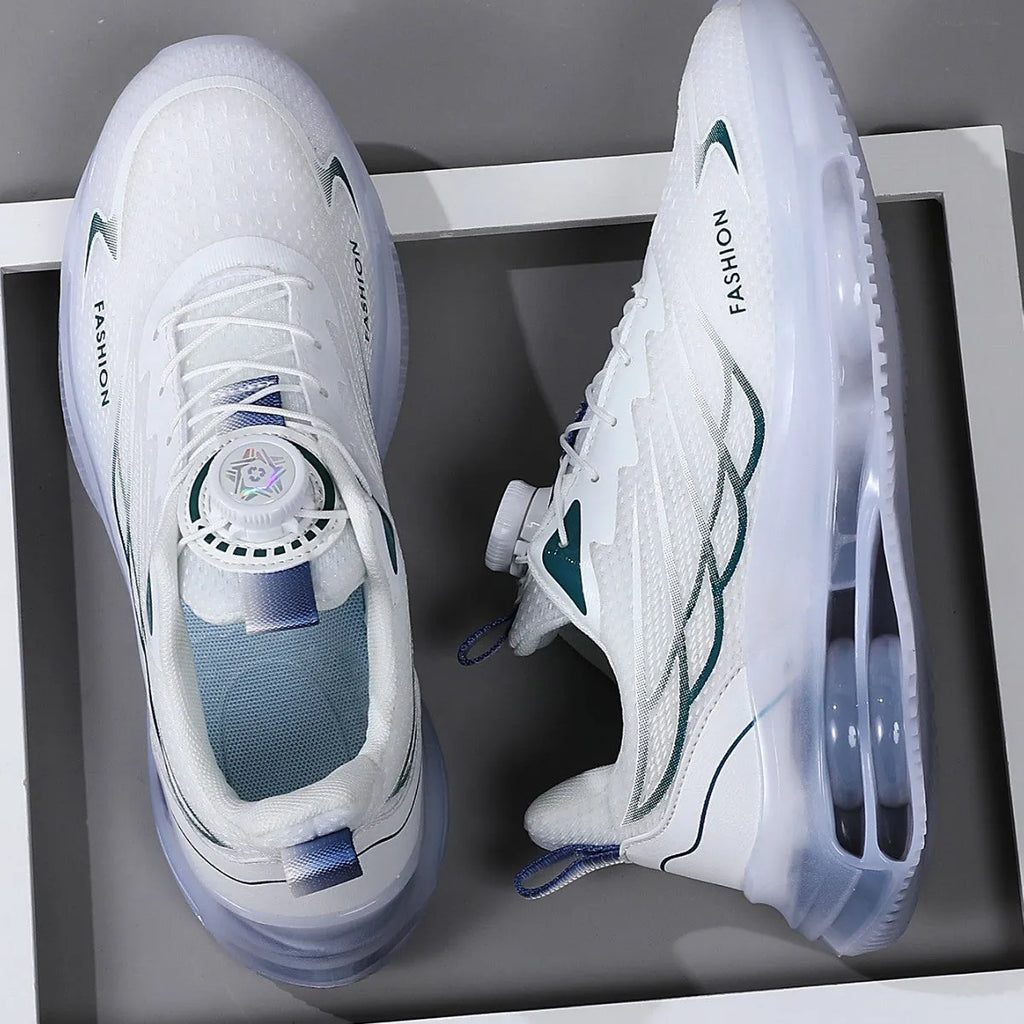 White Korean style casual shoes with rotating button lace-up and mesh upper