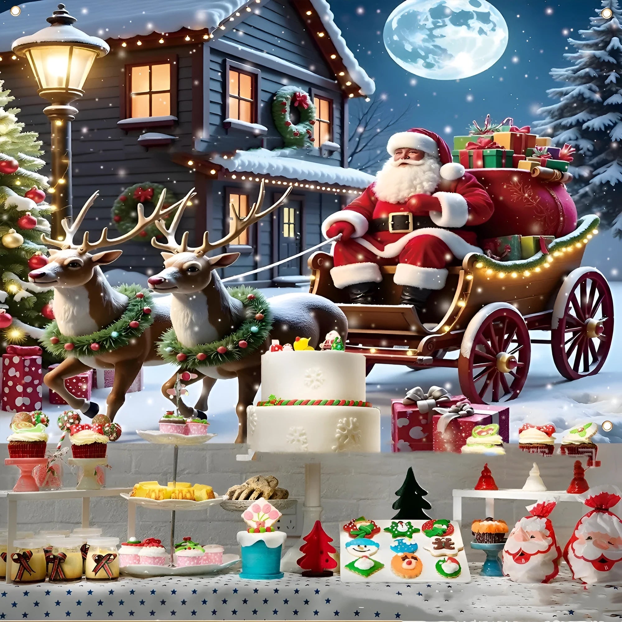 Christmas banner with Santa Claus and gifts scene measuring 210x150 cm