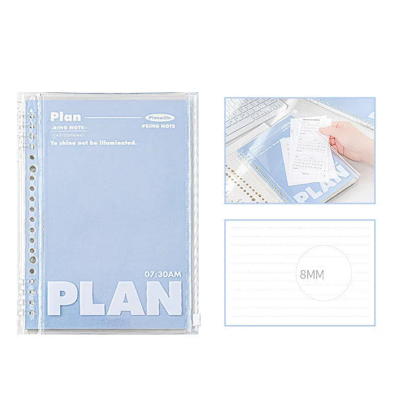A5 blue PVC spiral-bound notebook with a transparent front pocket for loose-leaf paper.