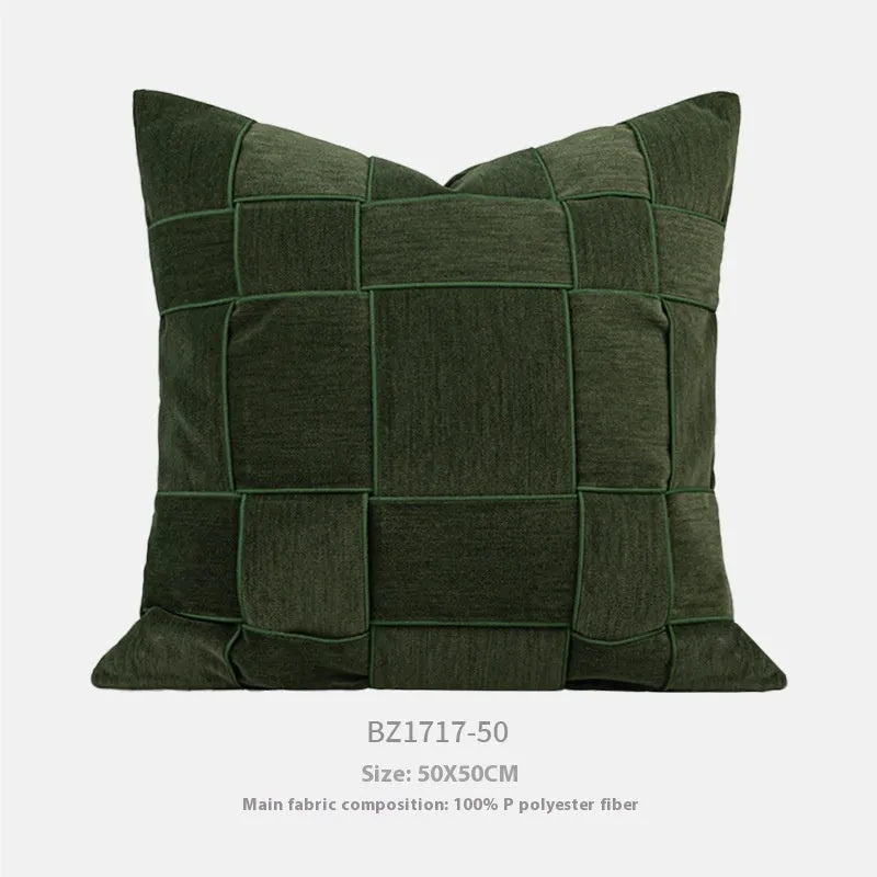 Square chenille woven cushion in beige, black, orange, reddish brown, green, coffee or taupe, 50cm size.