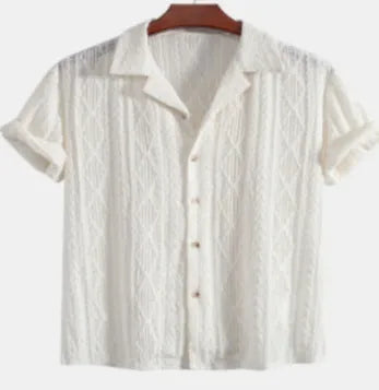 Men's loose fit cotton linen cardigan shirt in solid colour with short sleeves for summer casual wear