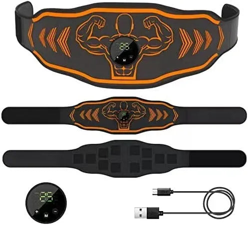 Rechargeable EMS smart massage fitness belt shown in blue and orange colour options.