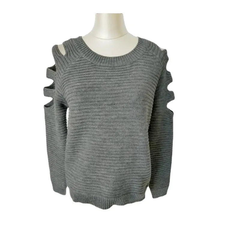 Women's solid colour crochet hollow-out knitted shirt with round neck and long sleeves