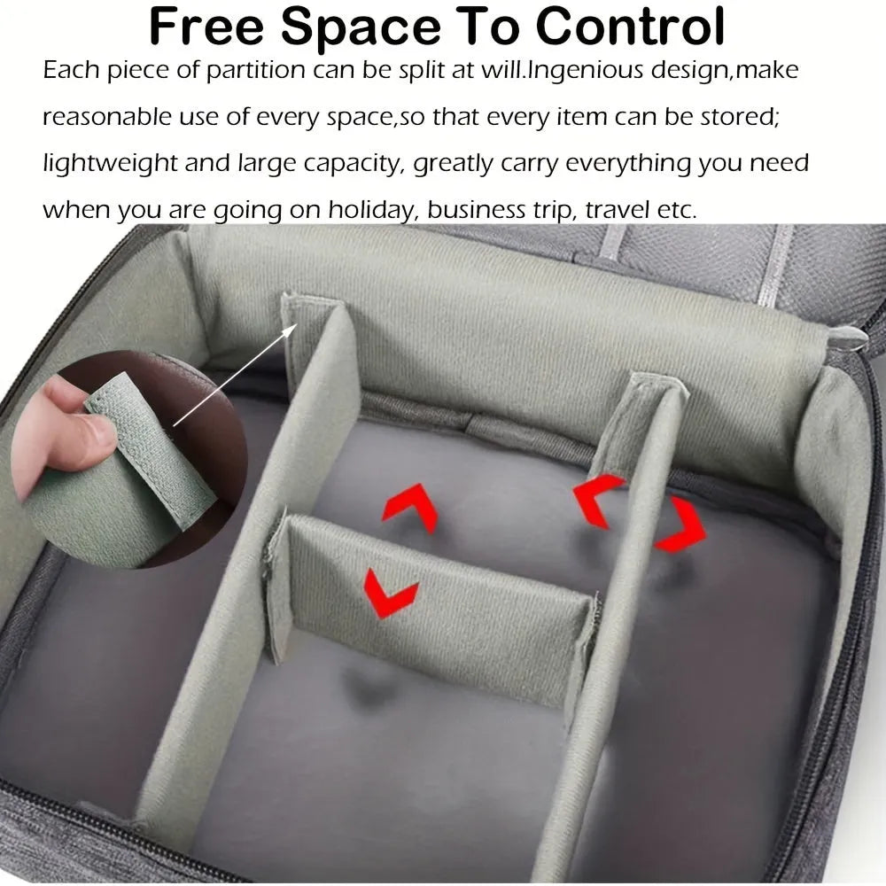 Black waterproof electronic cable organiser bag open to show mesh pockets, elastic loops, and removable padded dividers.