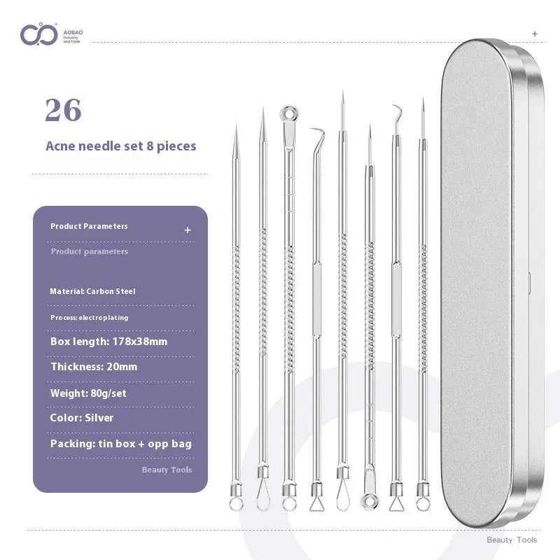 Four metal acne needles with ultra fine points stored in a black plastic clip.