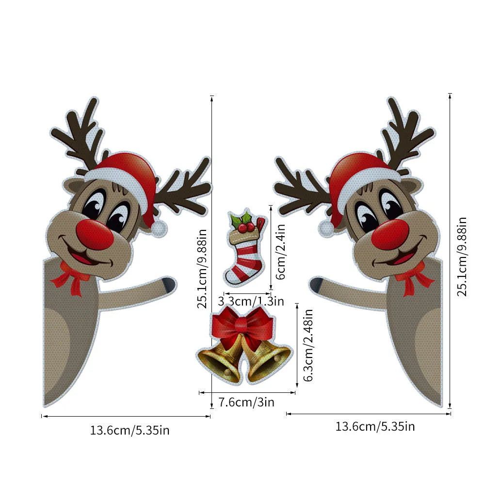 Set of magnetic Christmas car bumper stickers with a reflective luminous elk and bells cartoon design