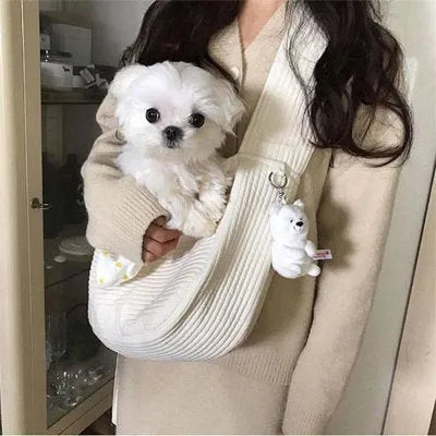 White canvas pet backpack crossbody bag with mesh window for small cats and dogs, sizes S M L