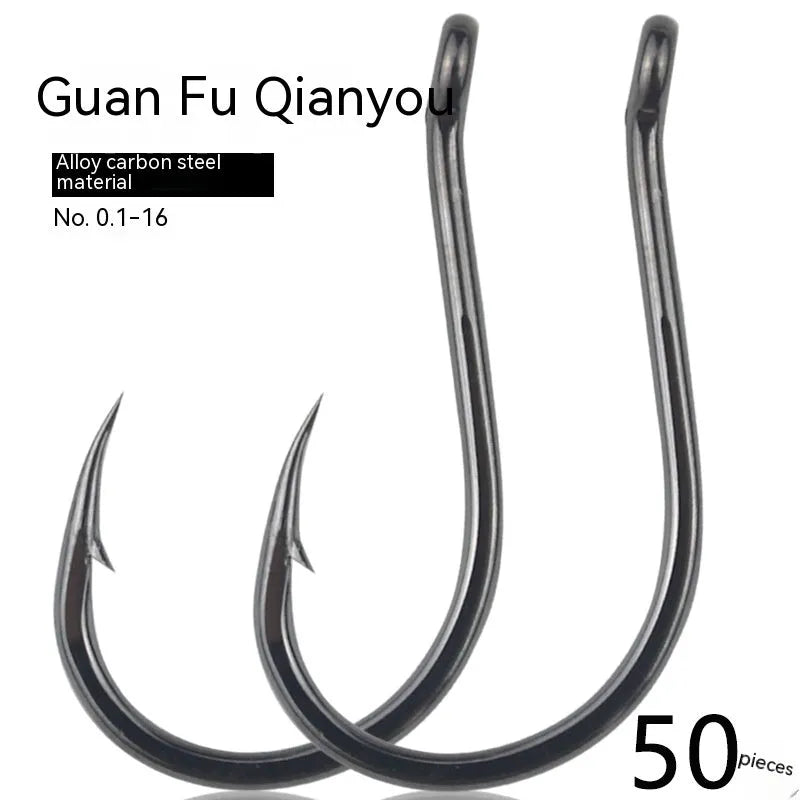 Bulk pack of barbed alloy carbon steel fishing hooks for rock and sea fishing in various sizes.