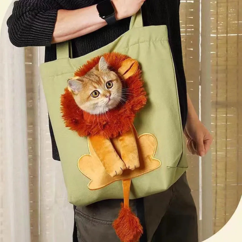 Canvas pet carrier backpack showing cartoon patterns for small dog and cat transport