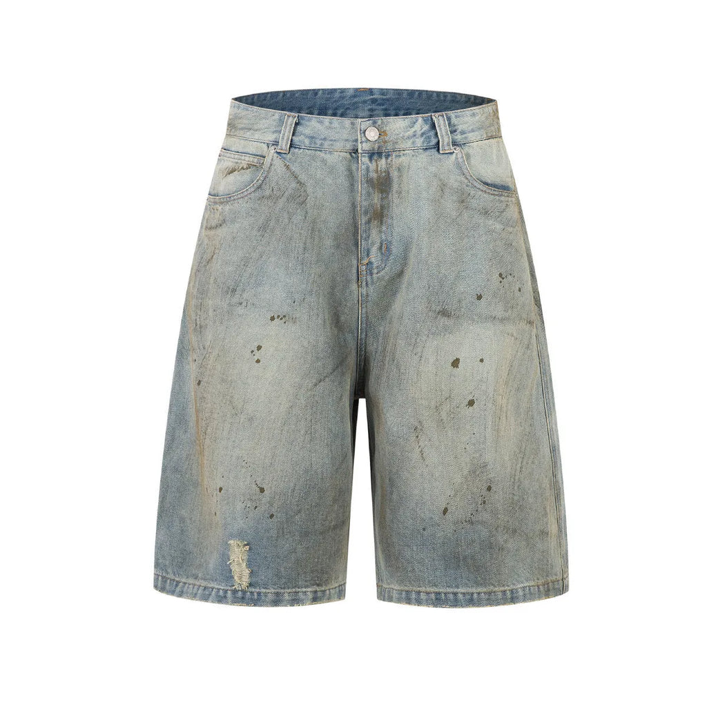 Blue cropped denim jeans with straight-leg cut and zipper fly on street fashion background