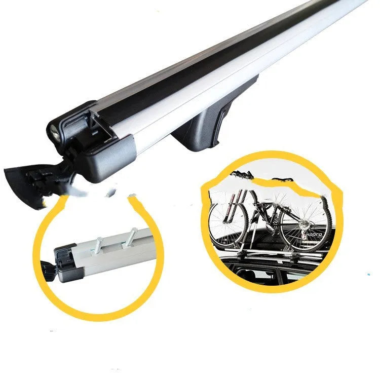 Alloy roof rack crossbars for a General Motors SUV, shown with adjustable length and mounting hardware.