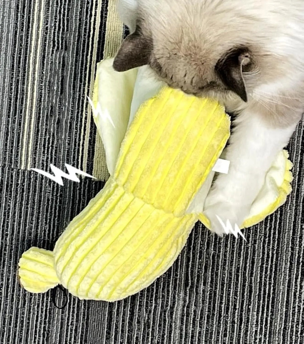 Yellow banana-shaped cat crinkle toy measuring 13 inches long with plush material
