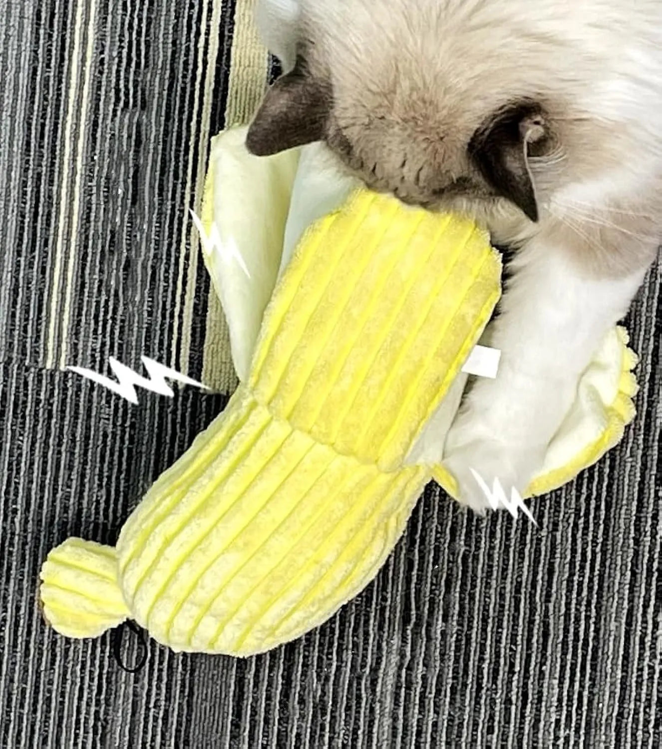 Yellow banana-shaped cat crinkle toy measuring 13 inches long with plush material