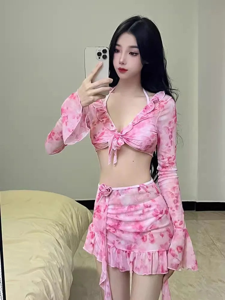 Women's cherry blossom pink floral bikini set for beach and hot spring swimming