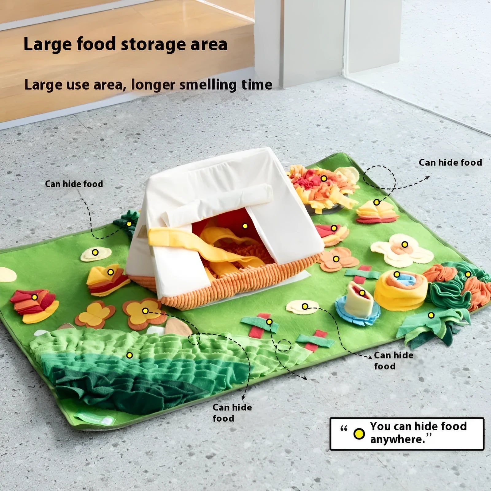 Garden Camping themed fabric dog sniffing mat for hiding treats as a puzzle activity.