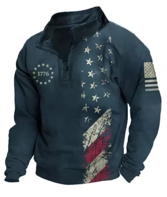 Men's loose fit long sleeve T-shirt with retro colour printing and zip details on striped fabric