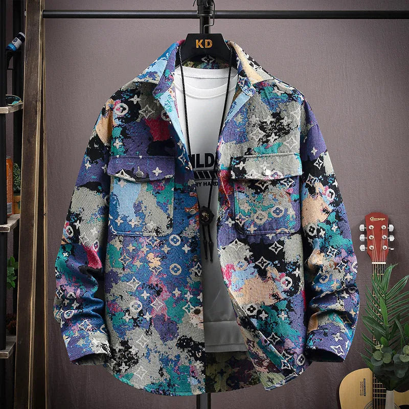 Men's casual lapel shirt coat jacket in polyester fabric with straight hem design.