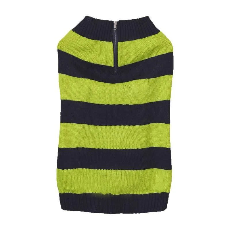 Grey dog jumper with horizontal zipper and side button pocket on small breed dog
