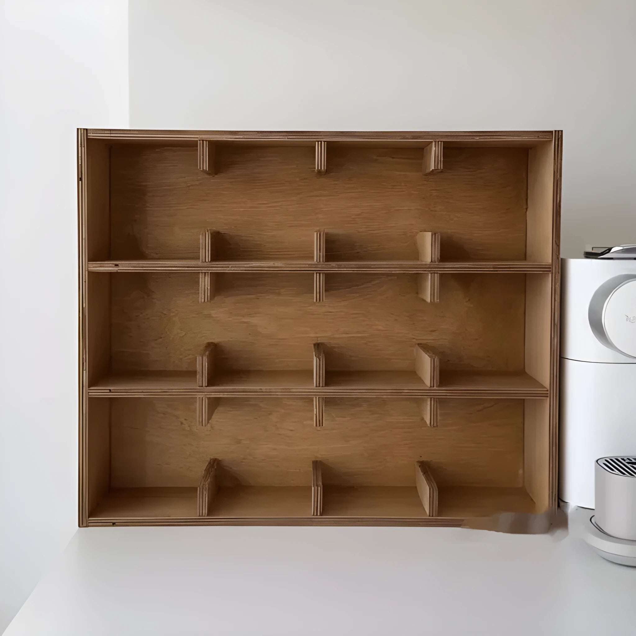 Solid wood square storage rack with multiple grid compartments in a birch wood meridian colour.