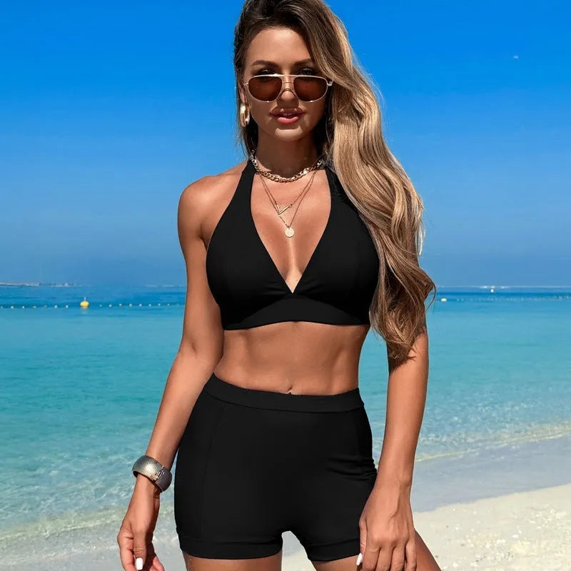 Women's two-piece nylon bikini swimsuit in black, shown front-on.