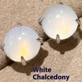 Round egg surface chalcedony stud earrings with four-claw setting in emerald green, pink purple and milk white