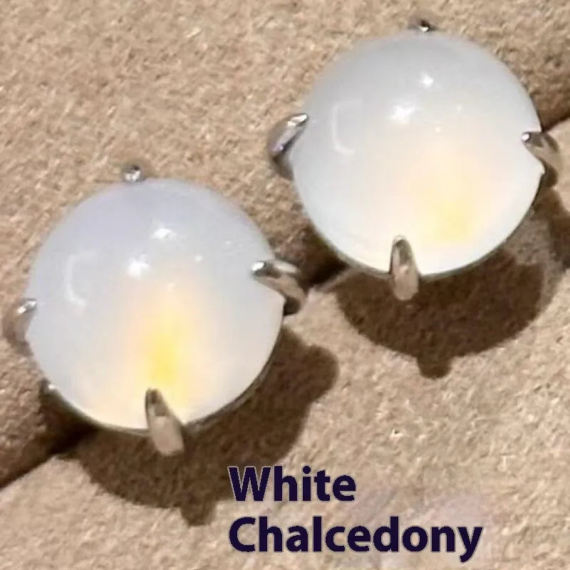 Round egg surface chalcedony stud earrings with four-claw setting in emerald green, pink purple and milk white