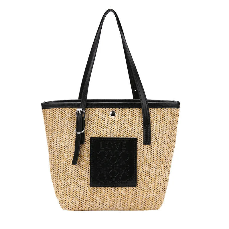 Women's straw woven shoulder bag in European retro style with three-dimensional pocket and sewing thread detail