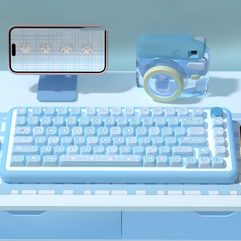 Watercolour cat themed PBT keyboard keycaps set with 138 or 158 keys for mechanical keyboards.