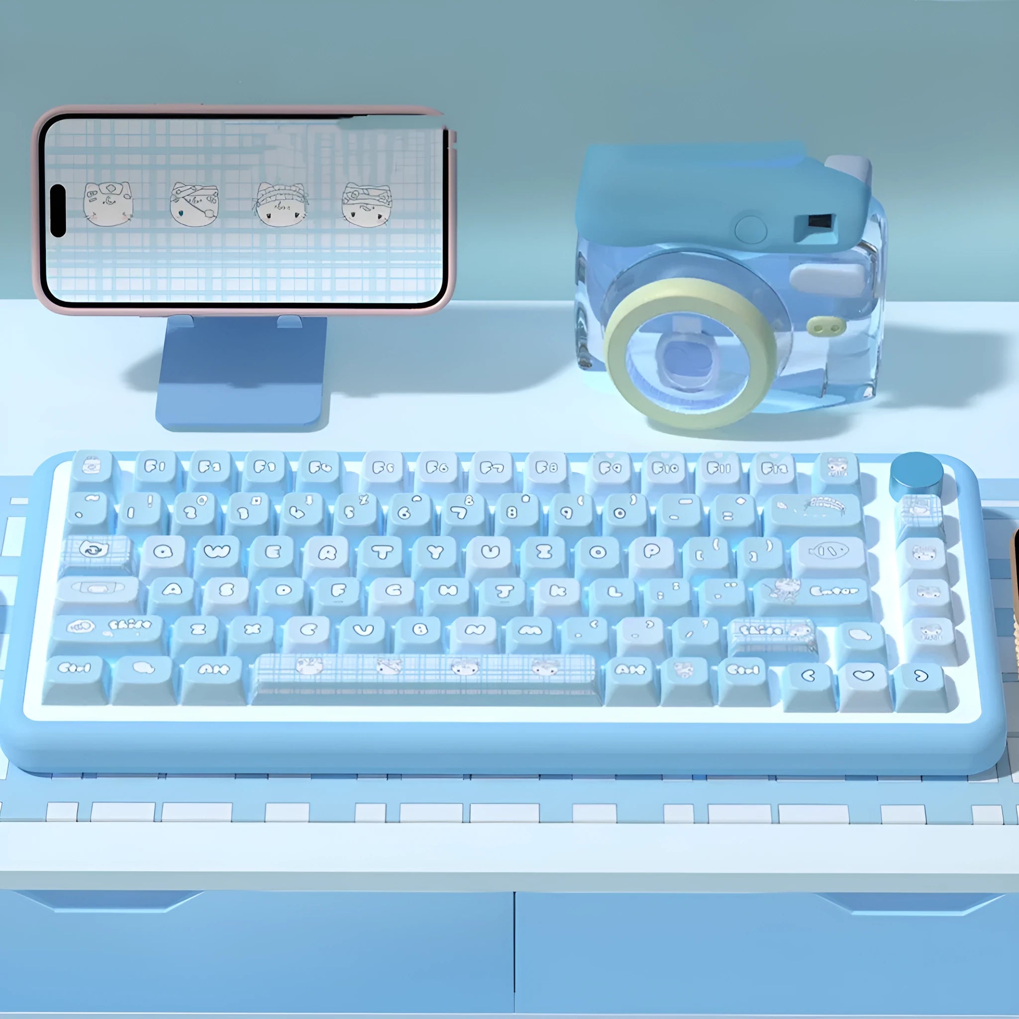 Watercolour cat themed PBT keyboard keycaps set with 138 or 158 keys for mechanical keyboards.