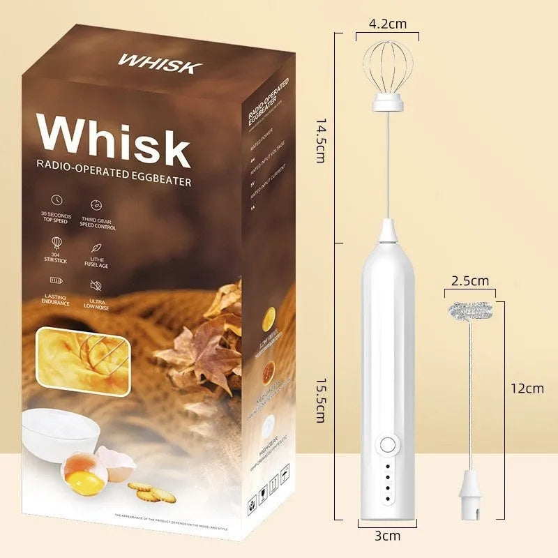 Mini handheld electric milk frother in black, white, and khaki colours with a stainless steel whisk.