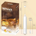 Mini handheld electric milk frother in black, white, and khaki colours with a stainless steel whisk.