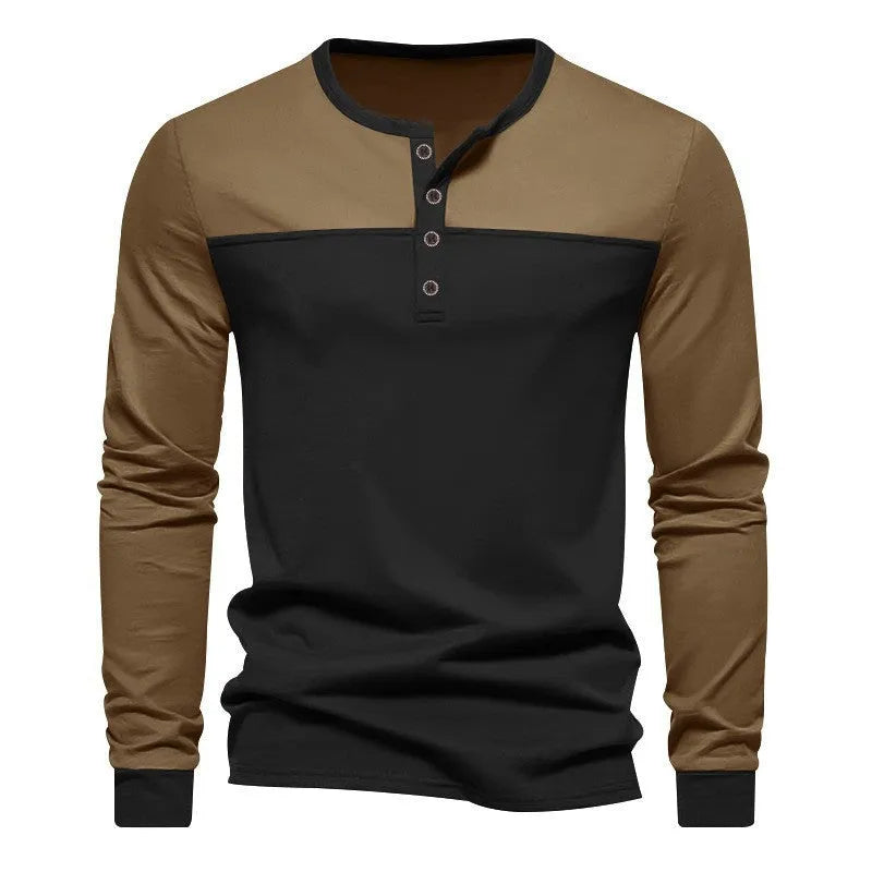 Men's long sleeve T-shirt with Henry collar in beaded twill fabric