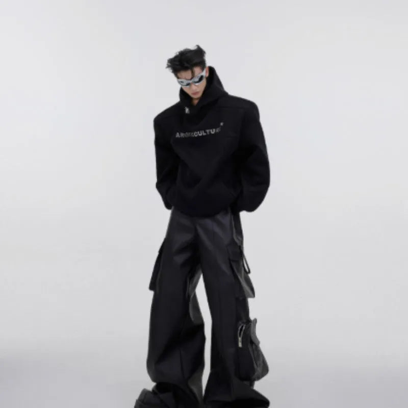 Men's black hooded sweater with metal three-dimensional printing and structural shoulder pads