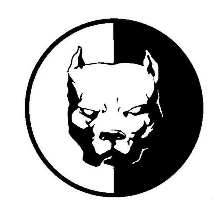 Close-up of a square black reflective sticker with a white Bulldog superhero design, showing its 12x12 cm size.