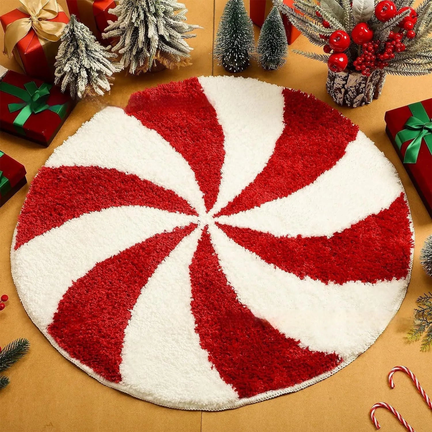 Christmas-themed printed polyester carpet in a round pad design on a hardwood floor.