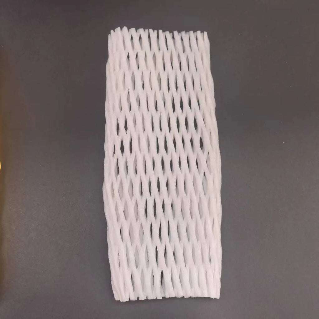White foam net covers for fruit protection in multiple sizes on various fruits