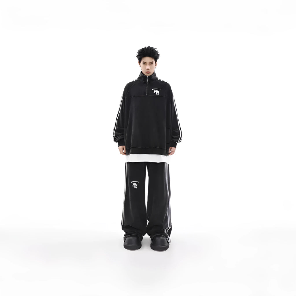 Black stand collar retro sports hoodie with long sleeves in polyester fabric for couple wear