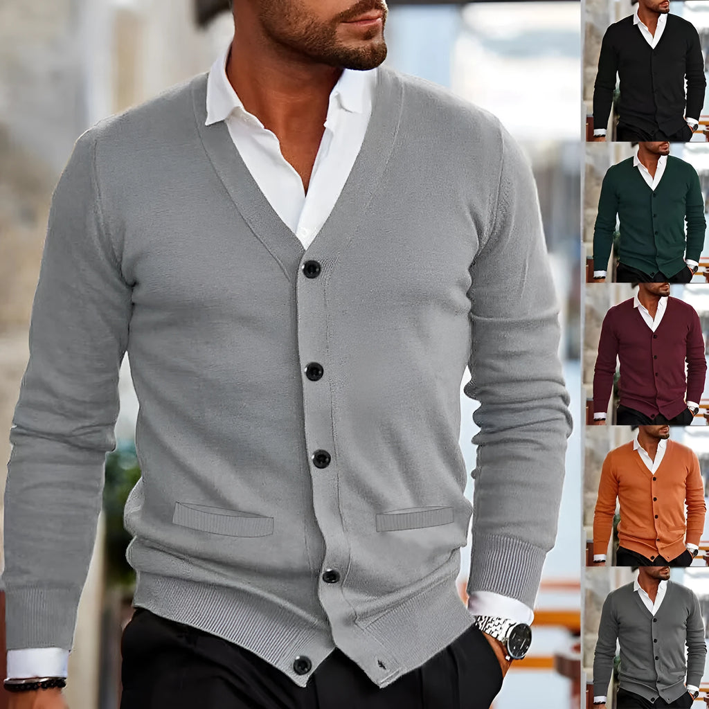Men's slim-fit acrylic cardigan sweater coat in a choice of six colours.
