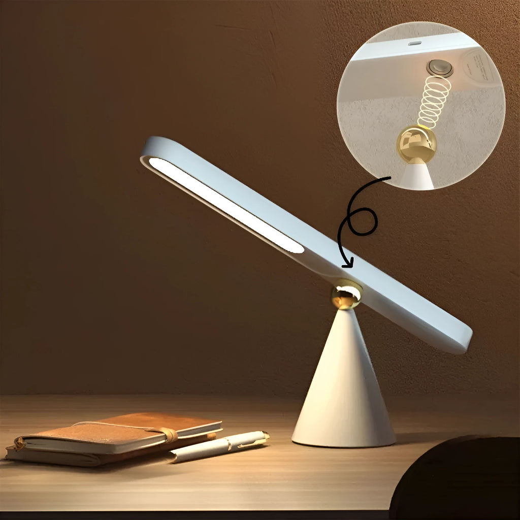 Geometric desk lamp with magnetic suction showing touch switch and USB power connection