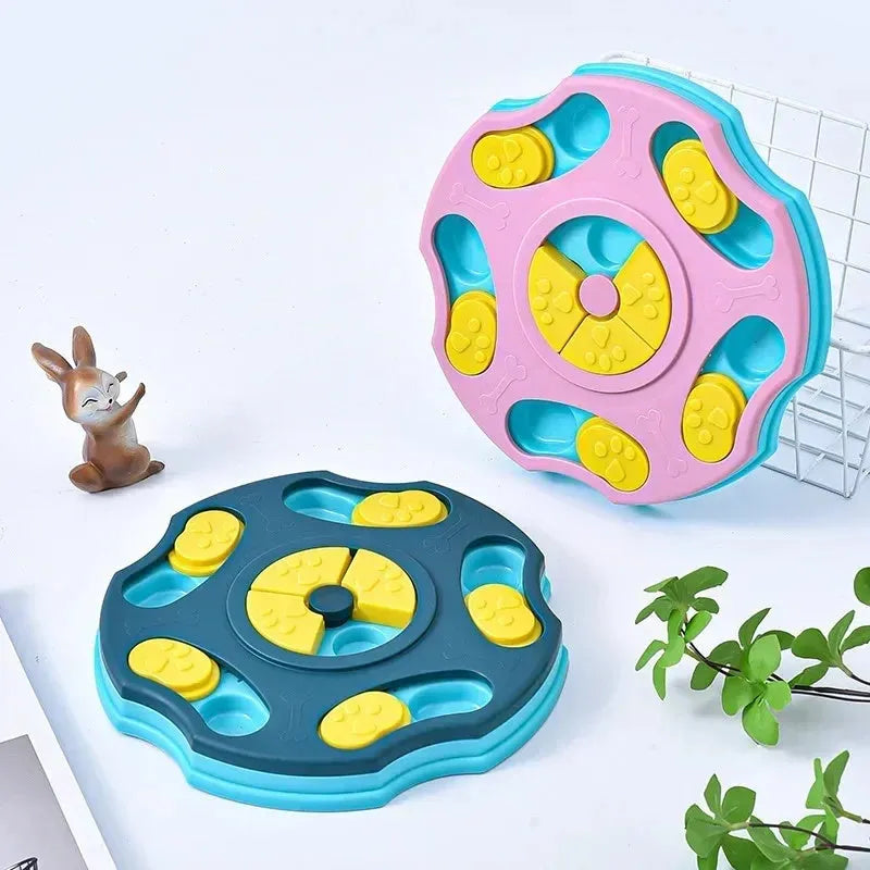 Blue durable plastic dog puzzle toy feeder with interactive food-searching compartments for slow feeding.