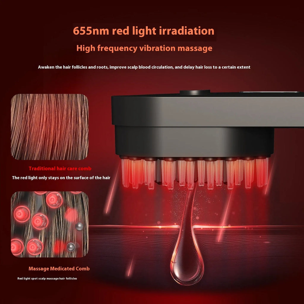Smart massage comb with red light therapy function in black and pink colour options