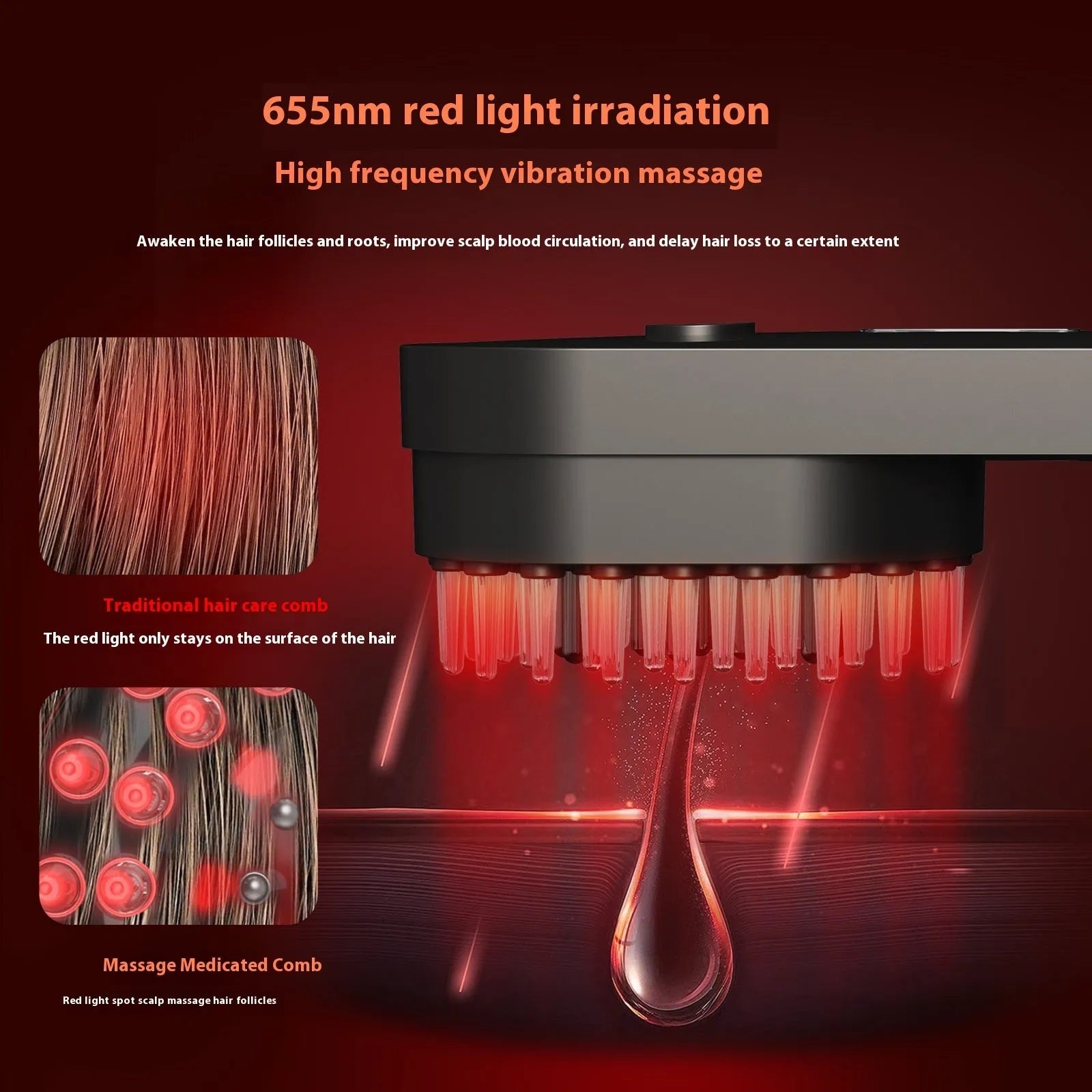 Smart massage comb with red light therapy function in black and pink colour options