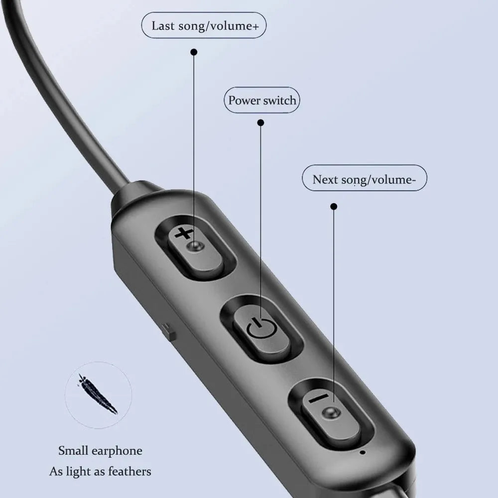 Black neck-mounted wireless Bluetooth sports earphones with custom logo printing area