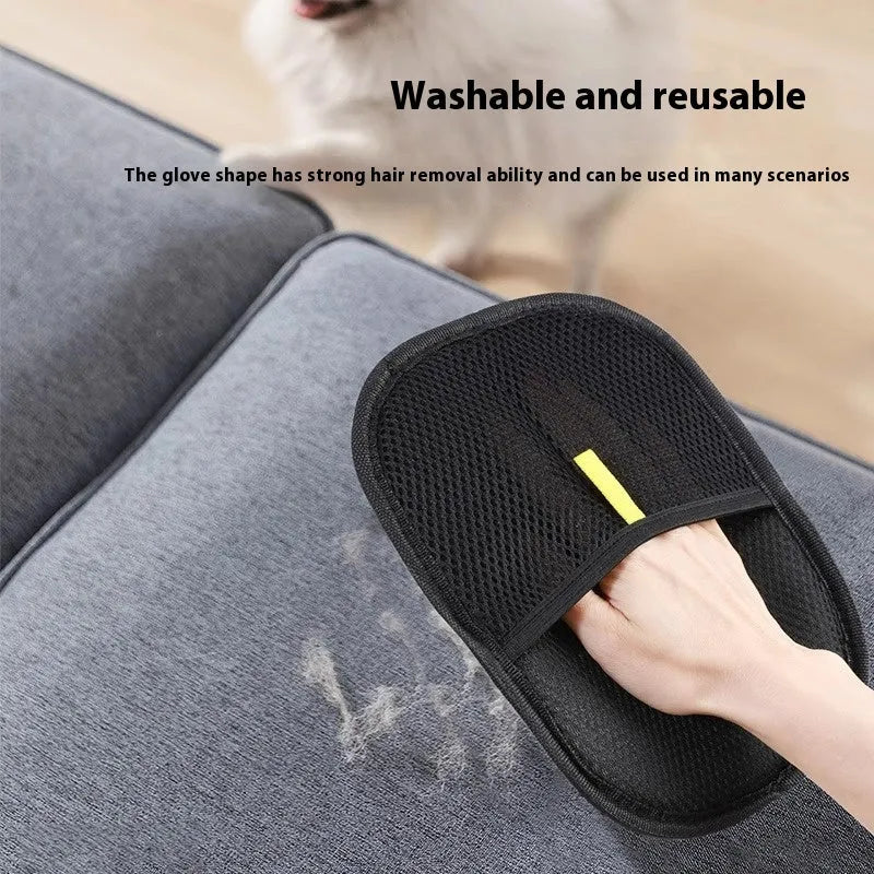 Black pet deshedding glove with silicone bristles for grooming dogs, cats, and rabbits.
