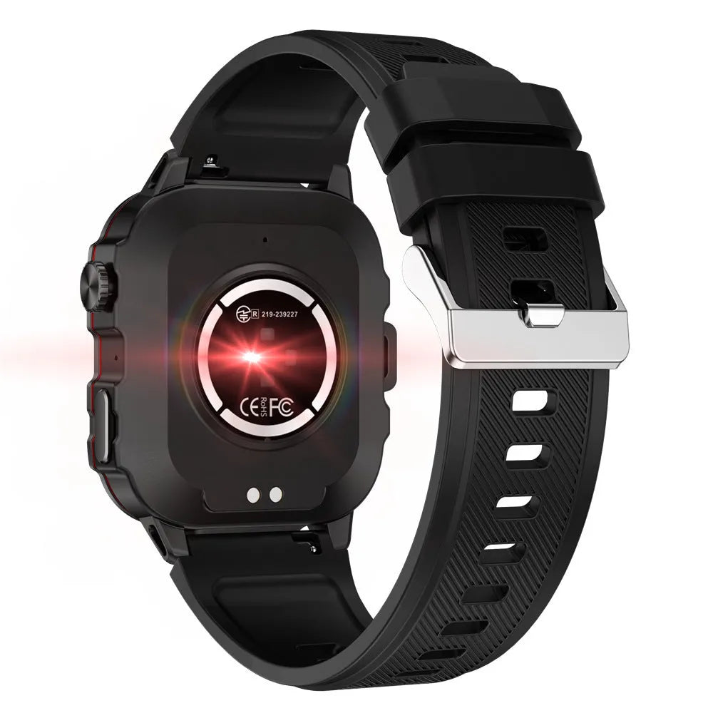 QX11 Smart Watch in black with silicone strap showing TFT touch screen displaying heart rate data.