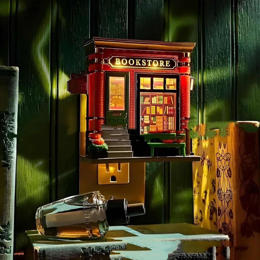 Small white cartoon house night lamp ornament with red roof on wooden surface.